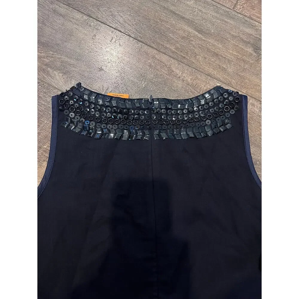 Tory Burch Navy Blue Silk Sleeveless Blouse Sequin Crystal Embellished Top